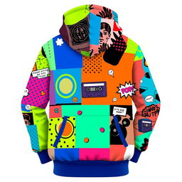 A vibrant collage hoodie featuring an eclectic mix of abstract patterns, geometric shapes, and pop art elements