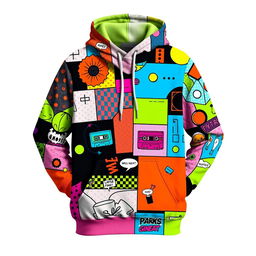 A vibrant collage hoodie featuring an eclectic mix of abstract patterns, geometric shapes, and pop art elements