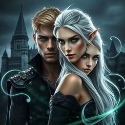 A visually stunning dark romance cover featuring a photorealistic green-eyed male assassin with short blonde hair, adorned with tattoos