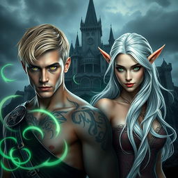 A visually stunning dark romance cover featuring a photorealistic green-eyed male assassin with short blonde hair, adorned with tattoos