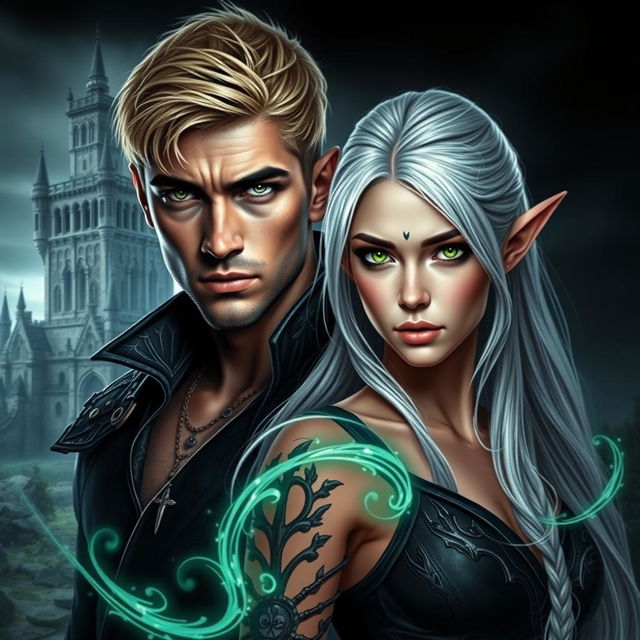 A visually stunning dark romance cover featuring a photorealistic green-eyed male assassin with short blonde hair, adorned with tattoos