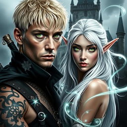 A visually stunning dark romance cover featuring a photorealistic green-eyed male assassin with short blonde hair, adorned with tattoos