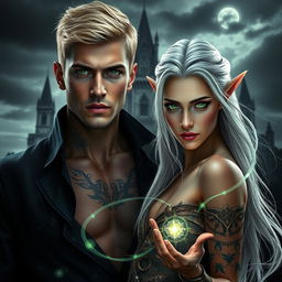 A visually stunning dark romance book cover featuring a photorealistic male assassin with short blonde hair and captivating green eyes