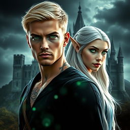 A visually stunning dark romance book cover featuring a photorealistic male assassin with short blonde hair and captivating green eyes