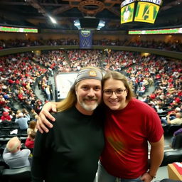 A young woman with her father in a bustling wrestling arena filled with a lively audience