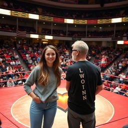 A young woman with her father in a bustling wrestling arena filled with a lively audience