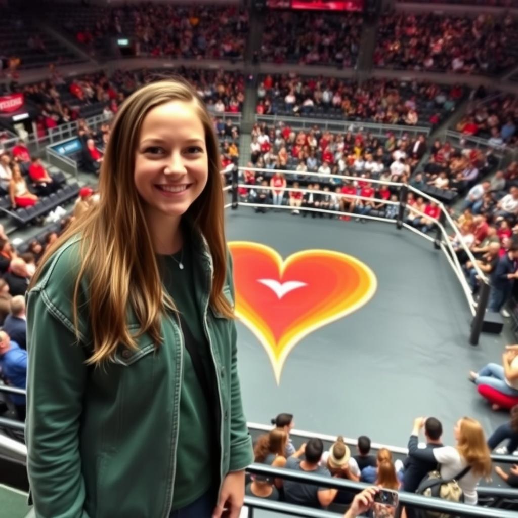 A young woman with her father in a bustling wrestling arena filled with a lively audience