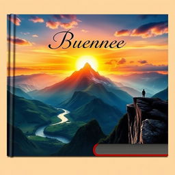 A captivating book cover featuring a majestic mountain range under a vibrant sunrise, with lush green valleys and a serene river flowing through them