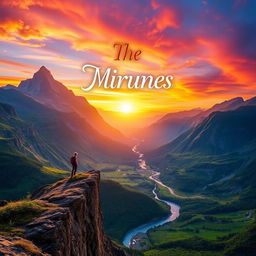 A captivating book cover featuring a majestic mountain range under a vibrant sunrise, with lush green valleys and a serene river flowing through them