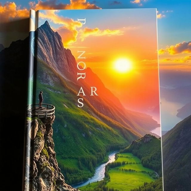 A captivating book cover featuring a majestic mountain range under a vibrant sunrise, with lush green valleys and a serene river flowing through them