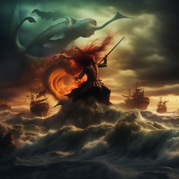 A vibrant book cover featuring a fierce pirate battle against majestic mermaids in a raging sea under a dramatic sky.