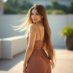 A beautiful Caucasian woman with long flowing hair standing with her back to the viewer, highlighting her curvaceous figure in an elegant and confident pose