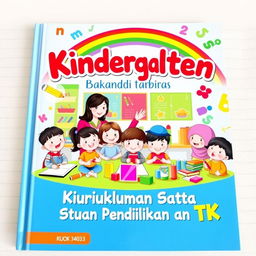 A playful and educational cover for a Kindergarten curriculum book, featuring a vibrant classroom scene with cheerful young children engaging in creative activities like drawing, building blocks, and painting