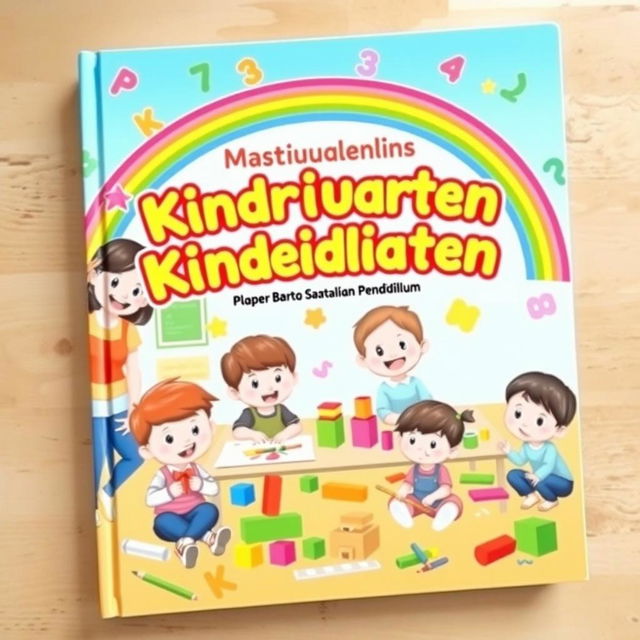 A playful and educational cover for a Kindergarten curriculum book, featuring a vibrant classroom scene with cheerful young children engaging in creative activities like drawing, building blocks, and painting