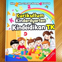 A playful and educational cover for a Kindergarten curriculum book, featuring a vibrant classroom scene with cheerful young children engaging in creative activities like drawing, building blocks, and painting