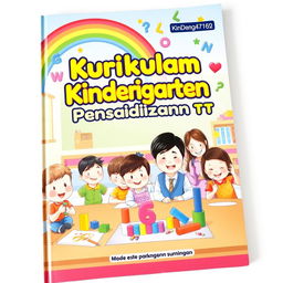 A playful and educational cover for a Kindergarten curriculum book, featuring a vibrant classroom scene with cheerful young children engaging in creative activities like drawing, building blocks, and painting