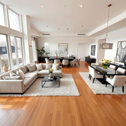 A spacious, elegant, and cohesive living room and dining room combination