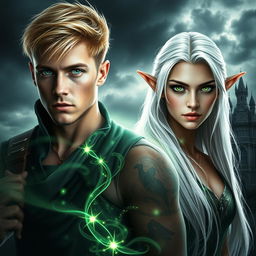 A visually stunning dark romance cover featuring a photorealistic image of a green-eyed male assassin with short blonde hair and tattoos