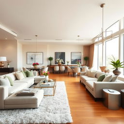 A spacious, elegant, and cohesive living room and dining room combination