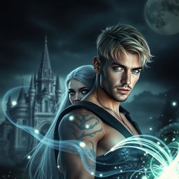 A visually stunning dark romance cover featuring a photorealistic image of a green-eyed male assassin with short blonde hair and tattoos