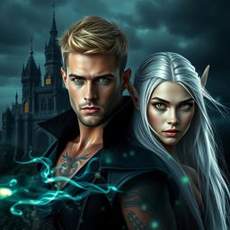 A visually stunning dark romance cover featuring a photorealistic image of a green-eyed male assassin with short blonde hair and tattoos