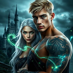 A visually stunning dark romance cover featuring a photorealistic image of a green-eyed male assassin with short blonde hair and tattoos