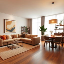 A harmonious and elegant design for a living room and dining room