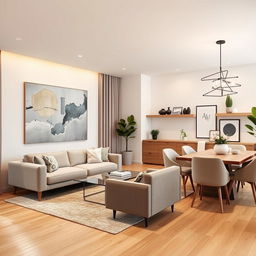 A contemporary redesign of a living room and dining room space