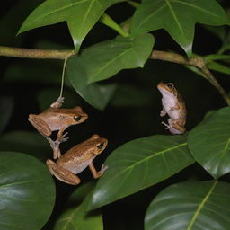 A lively scene of Puerto Rican Coqui, small frogs, hanging amongst lush tropical tree leaves, their chorus filling the night air.