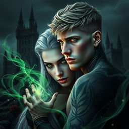 visual stunning dark romance cover, featuring a photorealistic scene with a green-eyed, short blonde-haired male assassin adorned with intricate tattoos