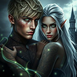 visual stunning dark romance cover, featuring a photorealistic scene with a green-eyed, short blonde-haired male assassin adorned with intricate tattoos