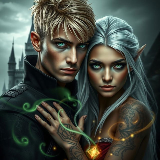 visual stunning dark romance cover, featuring a photorealistic scene with a green-eyed, short blonde-haired male assassin adorned with intricate tattoos