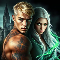 visual stunning dark romance cover, featuring a photorealistic scene with a green-eyed, short blonde-haired male assassin adorned with intricate tattoos