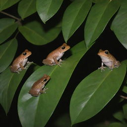 A lively scene of Puerto Rican Coqui, small frogs, hanging amongst lush tropical tree leaves, their chorus filling the night air.