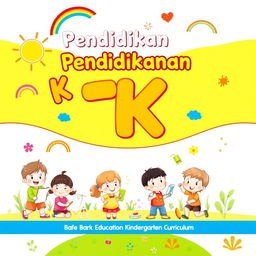 An engaging and lively cover for a kindergarten education curriculum, featuring bright and cheerful illustrations of young children participating in various activities such as drawing, singing, and playing outdoors