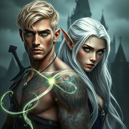 A visually stunning dark romance cover featuring a photorealistic green-eyed male assassin with short blonde hair, adorned with intricate tattoos