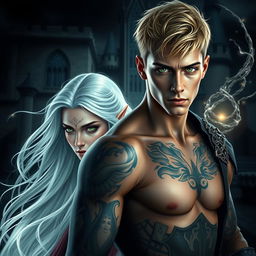 A visually stunning dark romance cover featuring a photorealistic green-eyed male assassin with short blonde hair, adorned with intricate tattoos