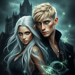 A visually stunning dark romance cover featuring a photorealistic green-eyed male assassin with short blonde hair, adorned with intricate tattoos