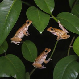 A lively scene of Puerto Rican Coqui, small frogs, hanging amongst lush tropical tree leaves, their chorus filling the night air.