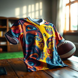 a detailed and vibrant image of a sports jersey, showcasing intricate designs and vivid colors, with dynamic patterns that convey a sense of movement and energy, placed on a wooden table with a football in the background, emphasizing the sporty theme, and a gentle sunlight filtering through a window casting soft shadows, giving a warm and inviting atmosphere