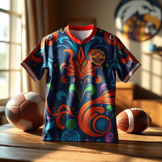 a detailed and vibrant image of a sports jersey, showcasing intricate designs and vivid colors, with dynamic patterns that convey a sense of movement and energy, placed on a wooden table with a football in the background, emphasizing the sporty theme, and a gentle sunlight filtering through a window casting soft shadows, giving a warm and inviting atmosphere