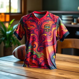 a detailed and vibrant image of a sports jersey, showcasing intricate designs and vivid colors, with dynamic patterns that convey a sense of movement and energy, placed on a wooden table with a football in the background, emphasizing the sporty theme, and a gentle sunlight filtering through a window casting soft shadows, giving a warm and inviting atmosphere