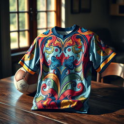 a detailed and vibrant image of a sports jersey, showcasing intricate designs and vivid colors, with dynamic patterns that convey a sense of movement and energy, placed on a wooden table with a football in the background, emphasizing the sporty theme, and a gentle sunlight filtering through a window casting soft shadows, giving a warm and inviting atmosphere