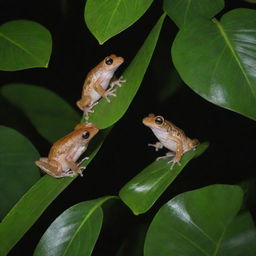 A lively scene of Puerto Rican Coqui, small frogs, hanging amongst lush tropical tree leaves, their chorus filling the night air.