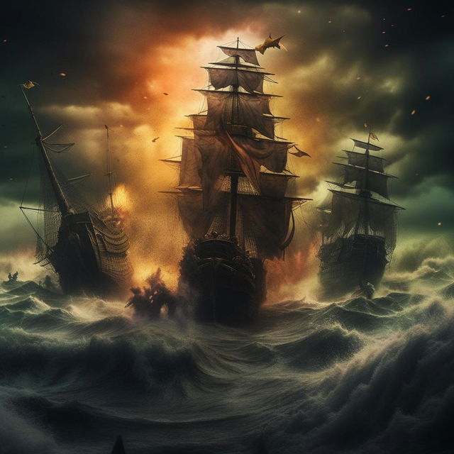 A vibrant book cover featuring a fierce pirate battle against majestic mermaids in a raging sea under a dramatic sky.