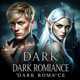 A visually stunning cover for a dark romance story, featuring a photorealistic depiction of a green-eyed male assassin with short blonde hair and intricate tattoos