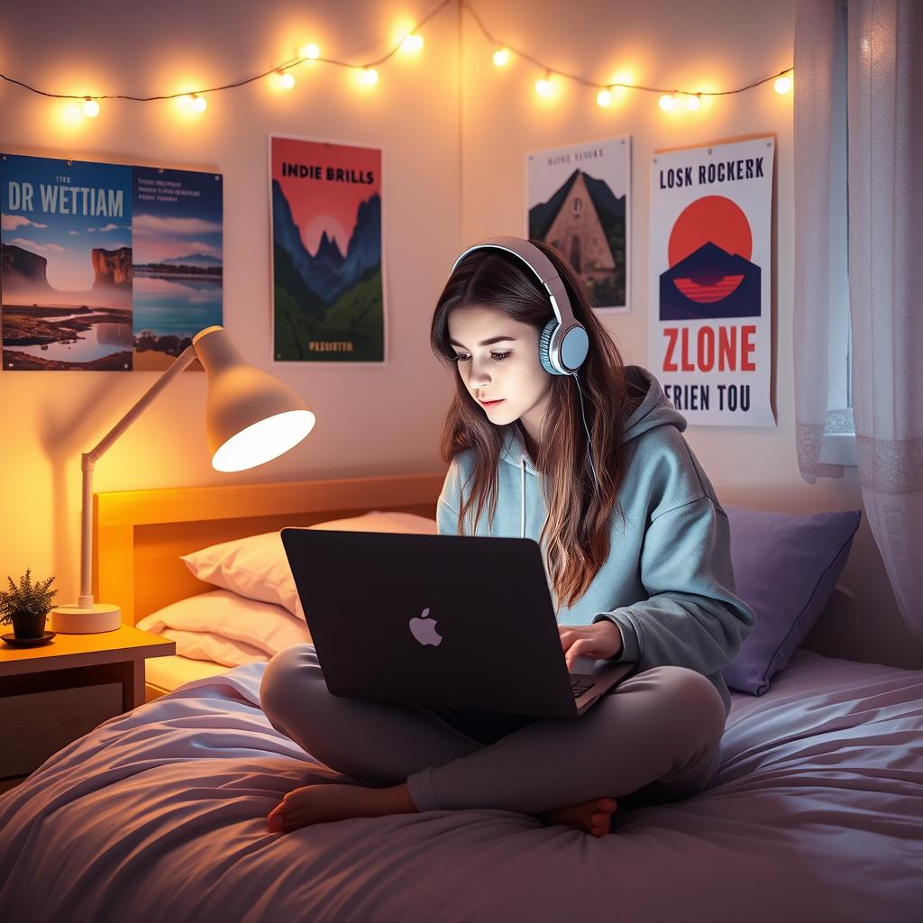 A teenage girl in her cozy bedroom, sitting on her bed with headphones on, deeply focused on her laptop