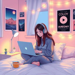 A teenage girl in her cozy bedroom, sitting on her bed with headphones on, deeply focused on her laptop