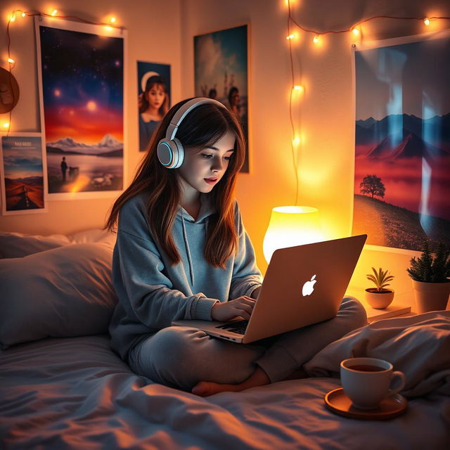 A teenage girl in her cozy bedroom, sitting on her bed with headphones on, deeply focused on her laptop