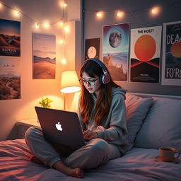 A teenage girl in her cozy bedroom, sitting on her bed with headphones on, deeply focused on her laptop